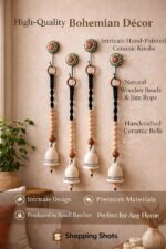 Handmade Ceramic Bell Hanging | Traditional Boho Home & Balcony Decor with Wooden Beads | Set of 4 with Ceramic Hooks - Image 3