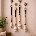Handmade Ceramic Bell Hanging | Traditional Boho Home & Balcony Decor with Wooden Beads | Set of 4 with Ceramic Hooks