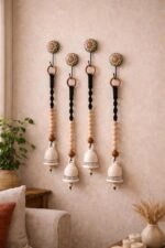Handmade Ceramic Bell Hanging | Traditional Boho Home & Balcony Decor with Wooden Beads | Set of 4 with Ceramic Hooks