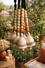 Handmade Ceramic Bell Hanging | Traditional Boho Home & Balcony Decor with Wooden Beads | Set of 4 with Ceramic Hooks - Image 2