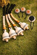 Handmade Ceramic Bell Hanging | Traditional Boho Home & Balcony Decor with Wooden Beads | Set of 4 with Ceramic Hooks - Image 4